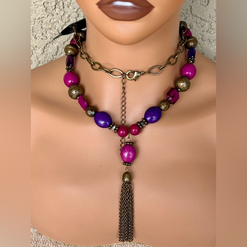 Bohemian Pink and Purple Beaded With Tassel Necklace - Picture 5 of 5